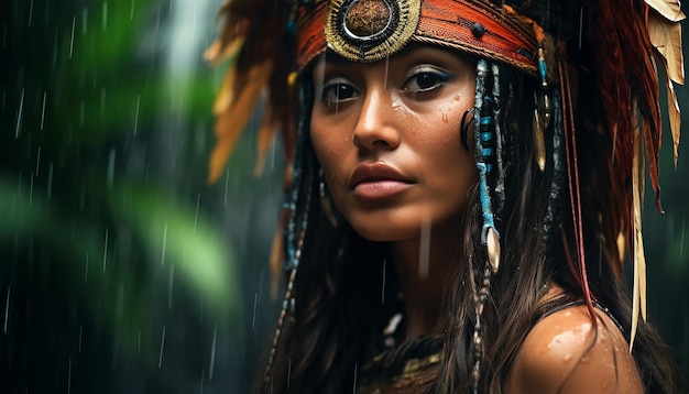 Portrait d'une femme amazonienne sous une cascade dans la forêt amazonienne