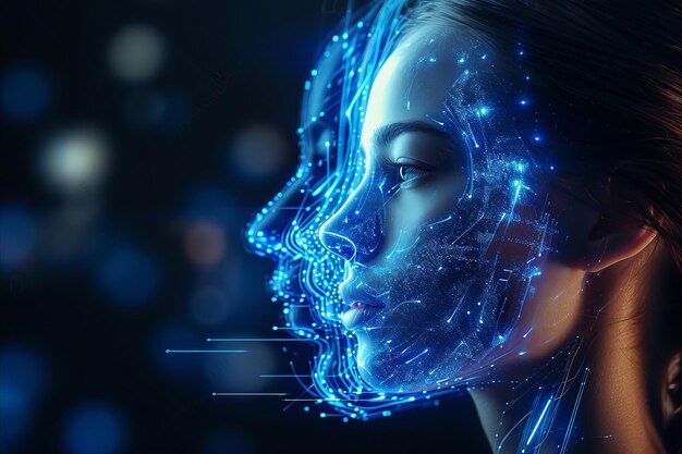 Portrait d'une femme androïde futuriste avec une superposition de données de technologie avancée