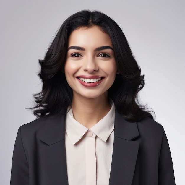 Portrait de femme arabe égyptienne aux cheveux noirs sourire et visage heureux