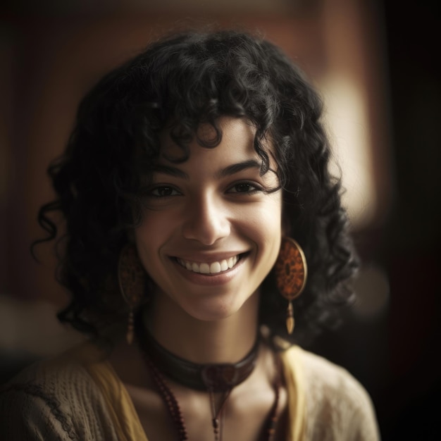 Portrait de femme arabe égyptienne aux cheveux noirs sourire et visage heureux