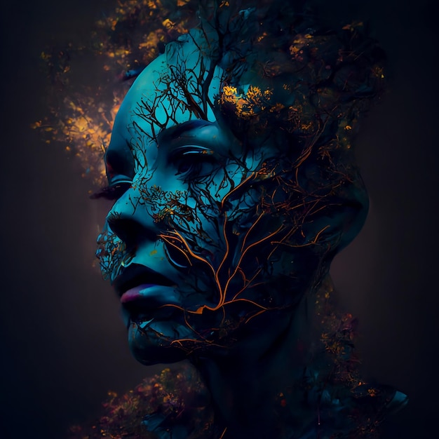 Un portrait d'une femme avec un arbre sur son visage.