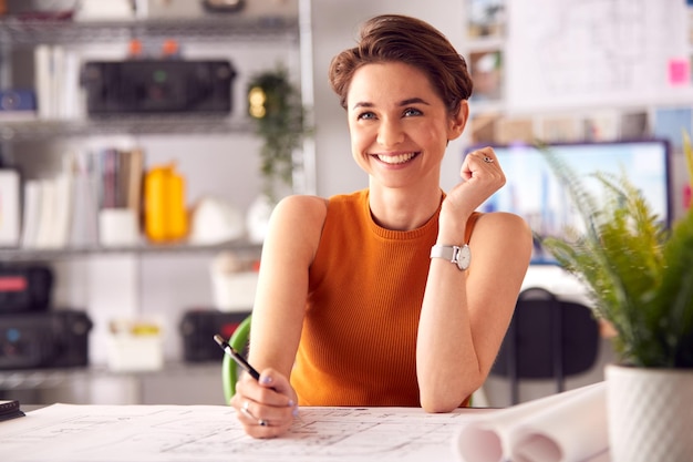 Portrait d'une femme architecte au bureau travaillant au bureau prenant des notes sur un plan ou un plan directeur