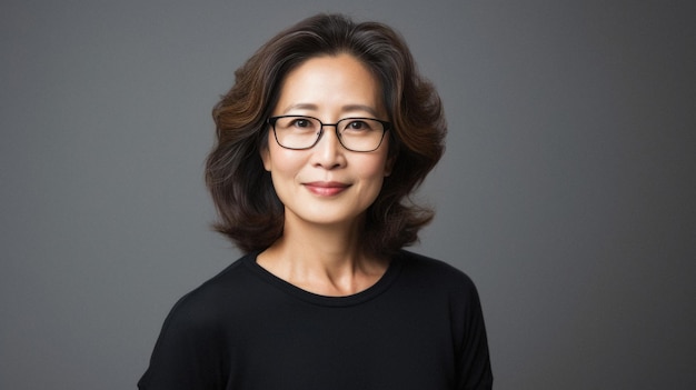 Portrait d'une femme asiatique adulte mature portant des lunettes sur un visage gris