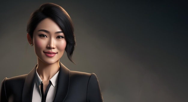 Portrait femme asiatique en costume noir au bureau art génératif par AI