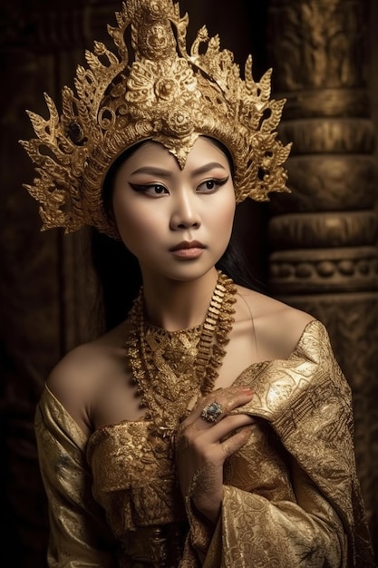 Portrait de femme asiatique dans une robe dorée