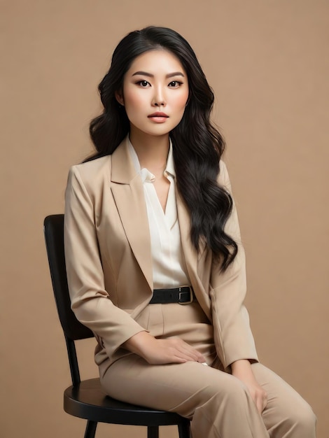 Portrait d'une femme asiatique élégante et confiante isolée sur un fond beige jeune mannequin féminine avec du noir
