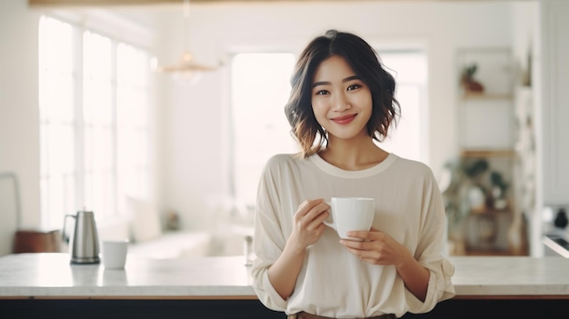 Portrait d'une femme asiatique élégante debout dans la cuisine avec une tasse buvant du café expliquant les choses montrant