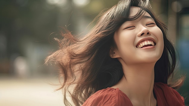 Portrait de femme asiatique heureuse et satisfaite à l'extérieur de l'IA générative
