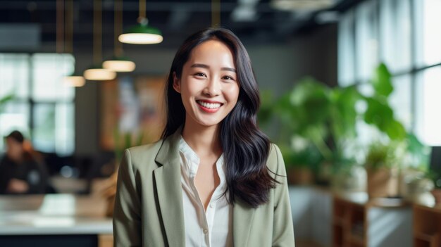 Portrait d'une femme asiatique heureuse souriante dans un bureau moderne