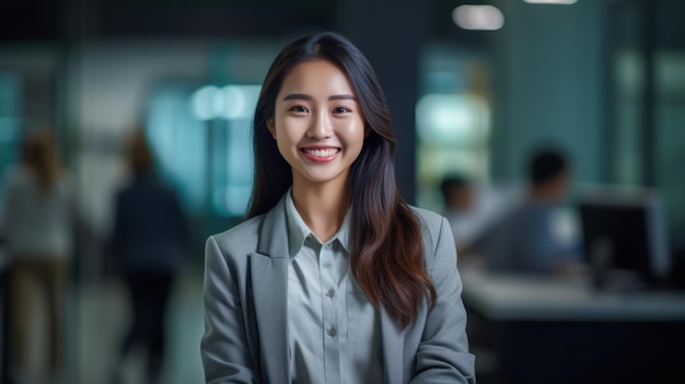 Portrait d'une femme asiatique heureuse souriante dans un bureau moderne