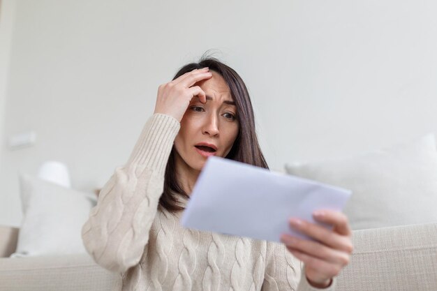 Portrait d'une femme asiatique inquiète regardant la lettre reçue à la maison Belle femme avec une expression faciale inquiète regardant le courrier reçu