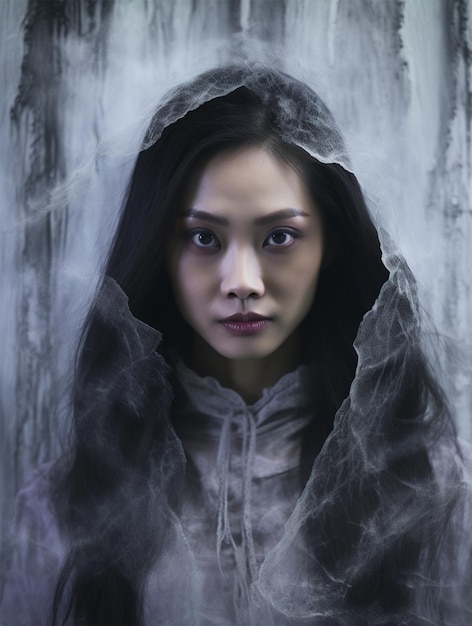 Portrait d'une femme asiatique maquillage visage fantôme scène d'horreur arrière-plan effrayant affiche d'Halloween