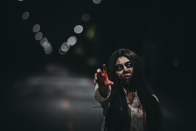 Portrait d'une femme asiatique maquillage visage fantômeScène d'horreurArrière-plan effrayantAffiche d'Halloween