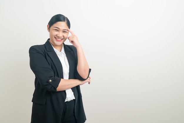 portrait, femme asiatique, pensée, à, fond blanc