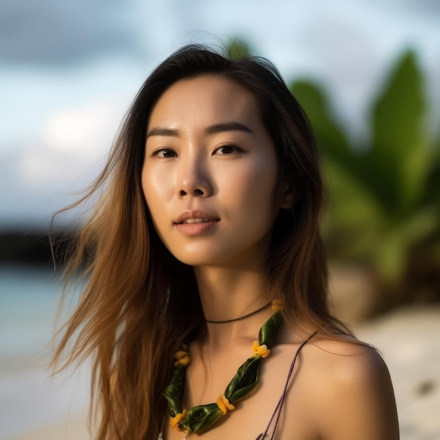 portrait, de, une, femme asiatique, sur, plage tropicale