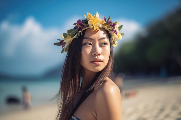 Photo portrait, de, une, femme asiatique, sur, plage tropicale