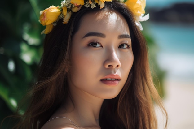 portrait, de, une, femme asiatique, sur, plage tropicale