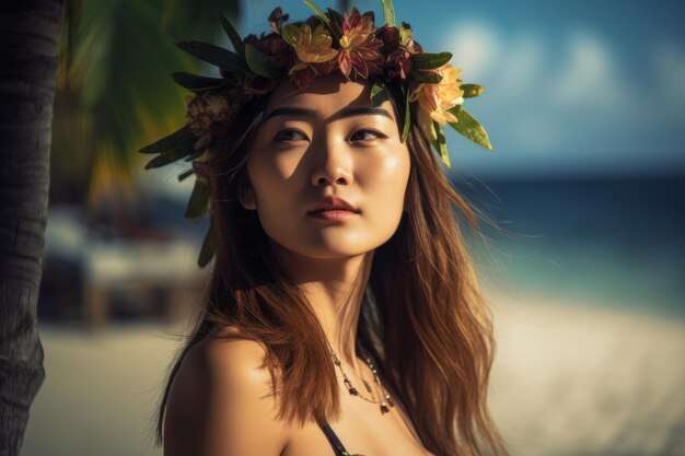 Photo portrait, de, une, femme asiatique, sur, plage tropicale