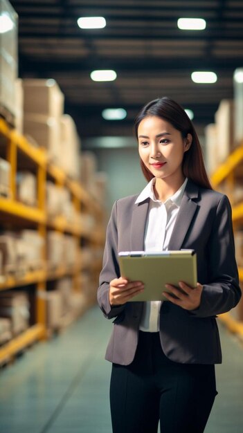 portrait d'une femme asiatique propriétaire d'entreprise utilisant une tablette numérique vérifiant la quantité de produit en stock