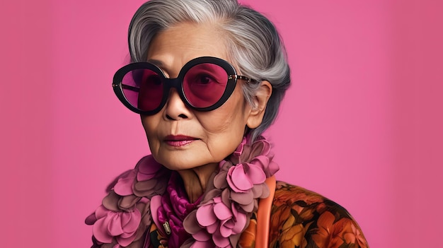 Portrait d'une femme asiatique senior élégante avec une IA générative de couleur rose