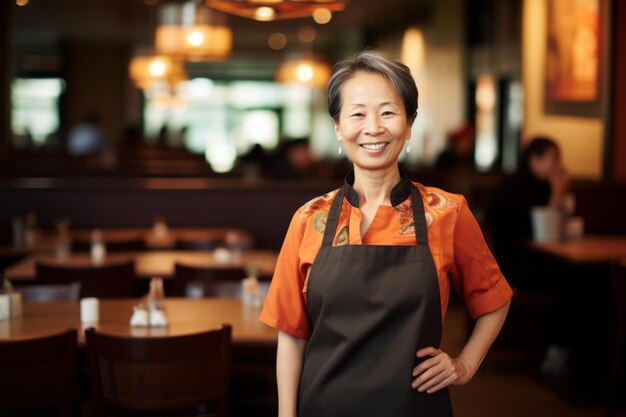 Portrait d'une femme asiatique souriante en tablier debout au restaurant