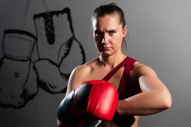 Portrait d'une femme athlétique en gants de boxe