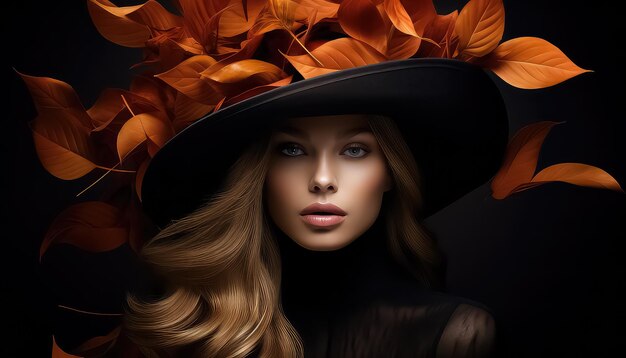 portrait d'une femme attrayante et élégante avec un chapeau noir et des feuilles d'automne