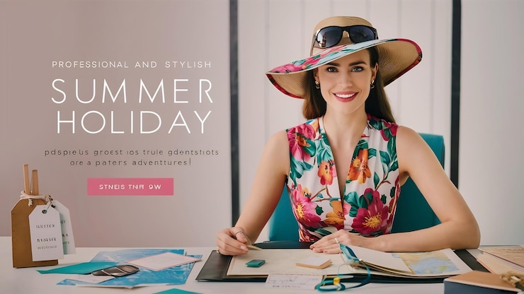 Photo portrait d'une femme au bureau préparé pour les vacances d'été