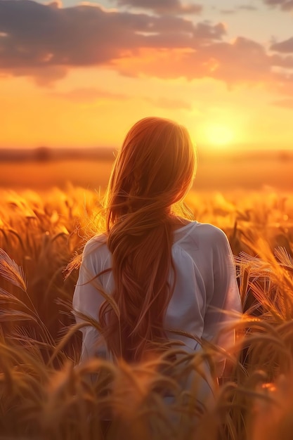 Portrait d'une femme au coucher du soleil au milieu des champs couleurs vives la lumière s'estompe