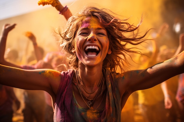 Portrait d'une femme au festival de Holi en Inde