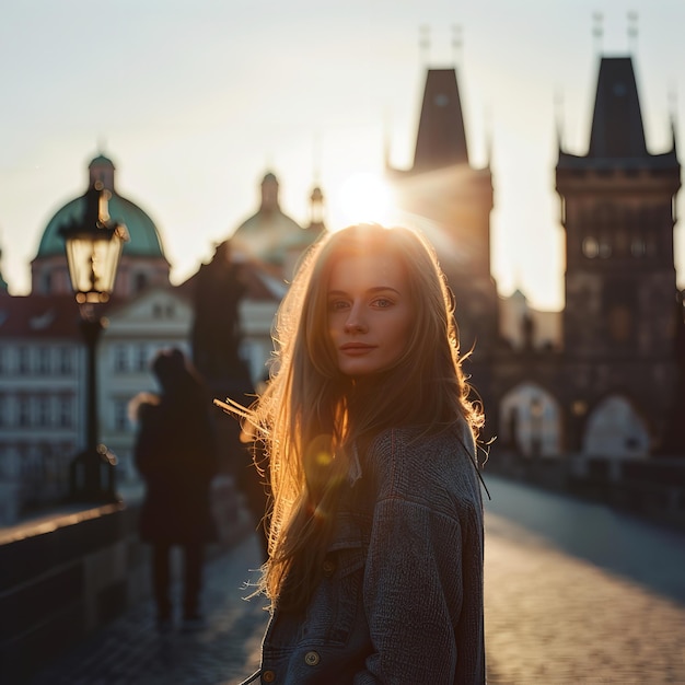 Portrait d'une femme au lever du soleil sur le pont Charles à Prague