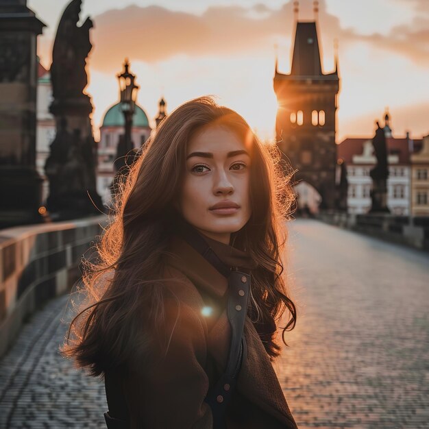 Portrait d'une femme au lever du soleil sur le pont Charles à Prague