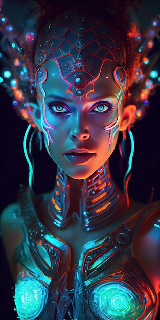 Portrait d'une femme au néon bioluminescent fantaisie mystique Dame à la mode glamour