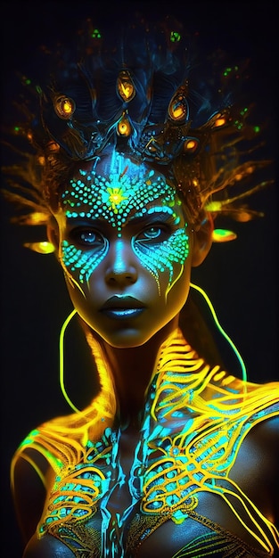 Portrait d'une femme au néon bioluminescent fantaisie mystique Dame à la mode glamour