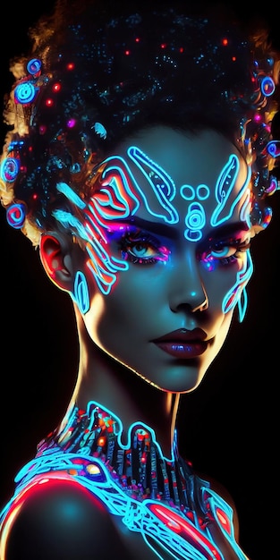 Portrait d'une femme au néon bioluminescent fantaisie mystique Dame à la mode glamour