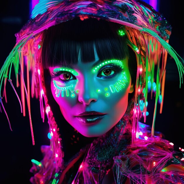 Portrait d'une femme au néon bioluminescent fantaisie mystique Dame à la mode glamour