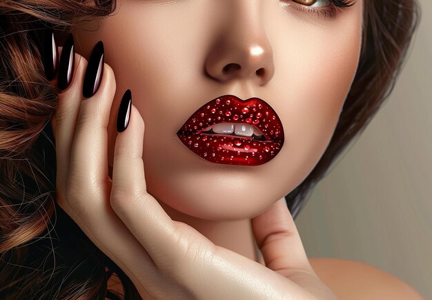 Photo portrait d'une femme au visage de beauté avec du rouge à lèvres et des ongles rouges