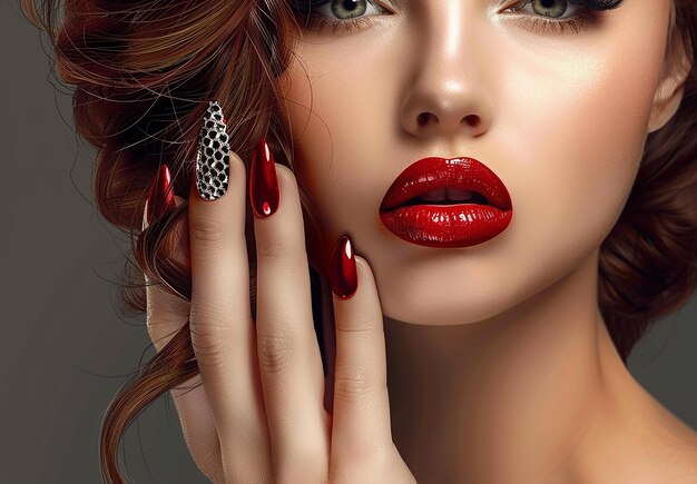 Photo portrait d'une femme au visage de beauté avec du rouge à lèvres et des ongles rouges