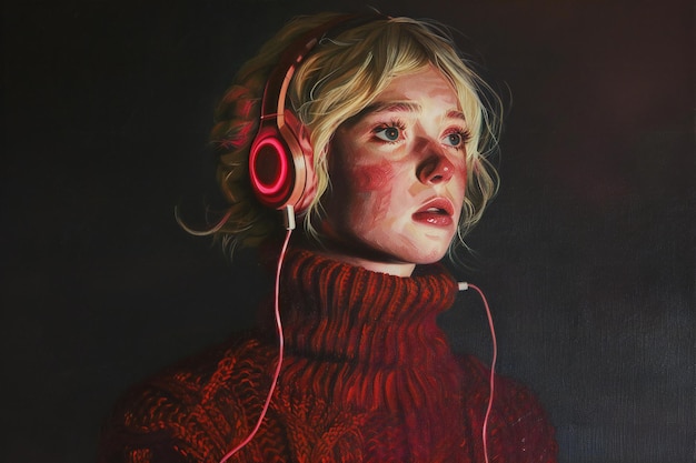 Portrait d'une femme aux cheveux blonds portant un pull à col rouge et des écouteurs qui l'illuminent