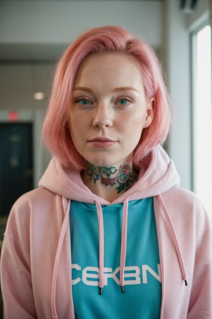 Portrait d'une femme aux cheveux courts dans un sweat-shirt