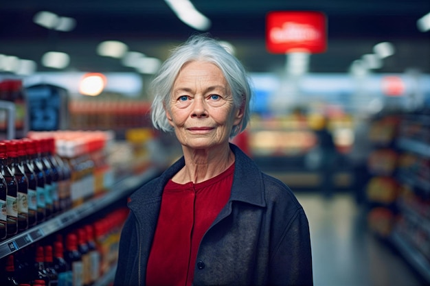 Portrait d'une femme aux cheveux gris âgée avec un sac dans un supermarché