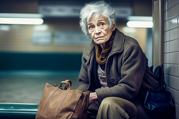 Portrait d'une femme aux cheveux gris âgée avec un sac dans un supermarché