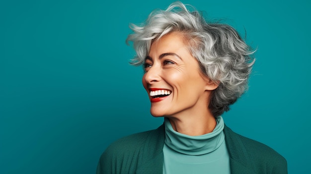 Portrait d'une femme aux cheveux gris attrayante, joyeuse et heureuse, riant d'une blague drôle, isolée sur un bleu bleu vif.