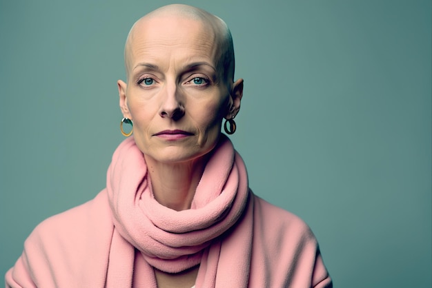 Portrait d'une femme aux cheveux rasés à cause d'un cancer isolé sur un fond de studio Ai généré