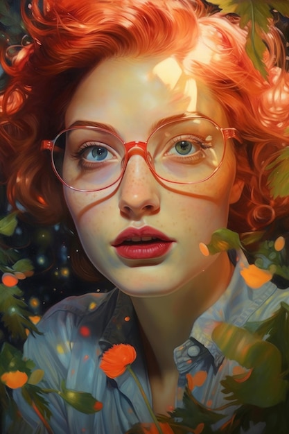 Le portrait d'une femme aux cheveux roux et aux lunettes