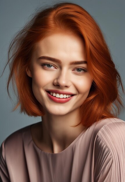 un portrait d'une femme aux cheveux roux et aux yeux bleu clair.