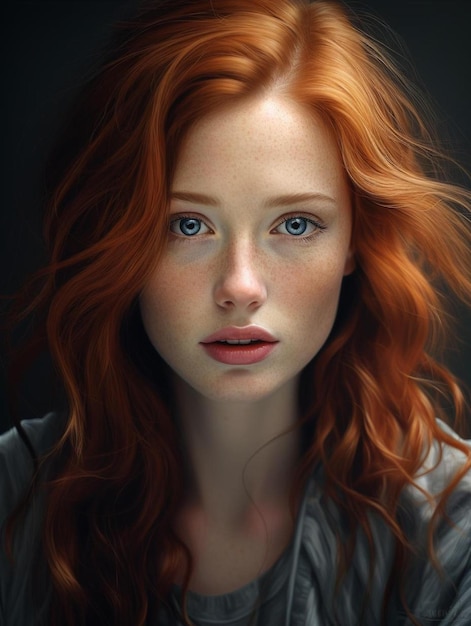 Un portrait d'une femme aux cheveux roux et aux yeux bleus.