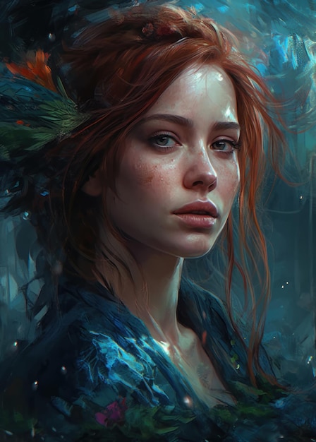 Portrait d'une femme aux cheveux roux et aux yeux bleus