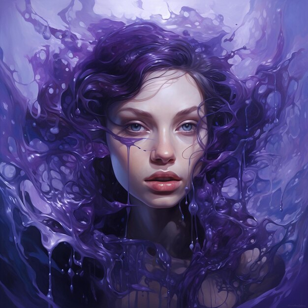 Un portrait d'une femme aux cheveux violets et aux yeux violets.