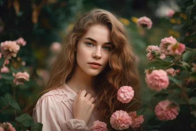 Portrait d'une femme aux joues roses et aux cheveux ondulés dans un jardin romantique